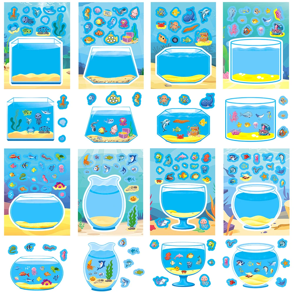 8/16PCS Funny Cartoon Lucky Fish Tank Puzzle Sticker Toy Handmade DIY Notebook Desktop Creative Decoration Waterproof Sticker