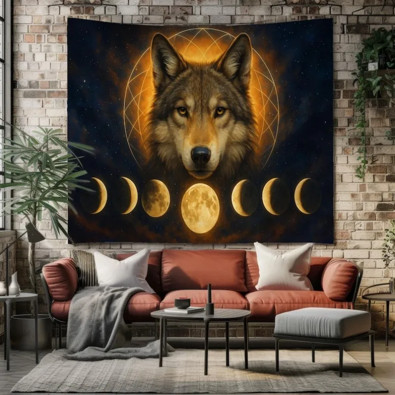 VIKAMA Yin Yang Wolves Tapestry Wall Hanging Black White Wolf Head Cloud Spiritual Aesthetic Wall Art Bedroom Living Room Decor