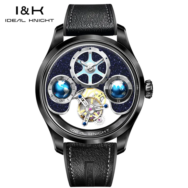 Ideal Knight 6805 Tourbillon Automatische mechanische Uhr für Männer GMT Multi-Temporal Zone Einstellung High-End-Luxus-Mann-Handgelenkwache