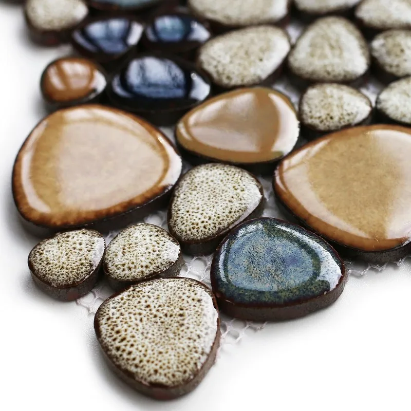 

11 Sheets Pebble Stone Mosaic Tiles Beige Tan Brown Ceramic Mosaic Sheets Mesh Mounted for Shower Floor Kitchen Bathroom Wall