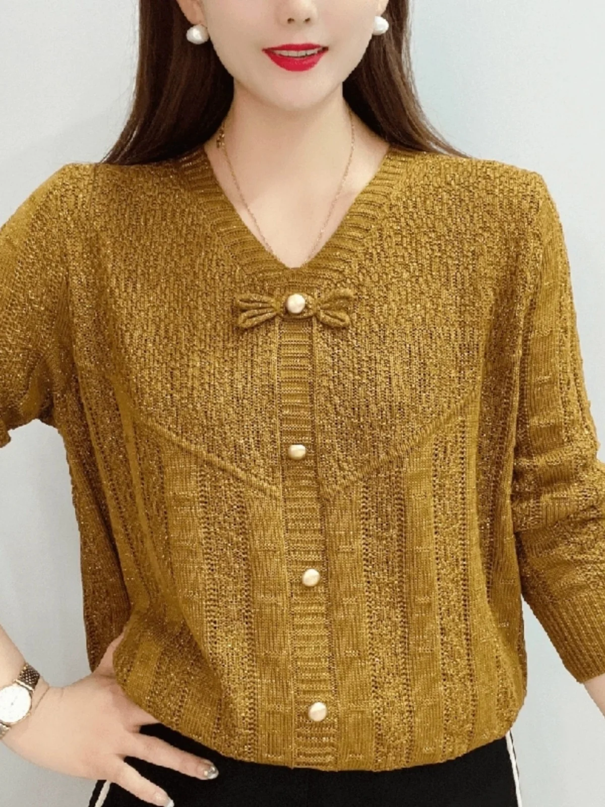 

New Chinese Sle Knitted Sweater Women's Autumn Winter Loose V-Ne Tummy Covering Ladies' Small Knitted irt