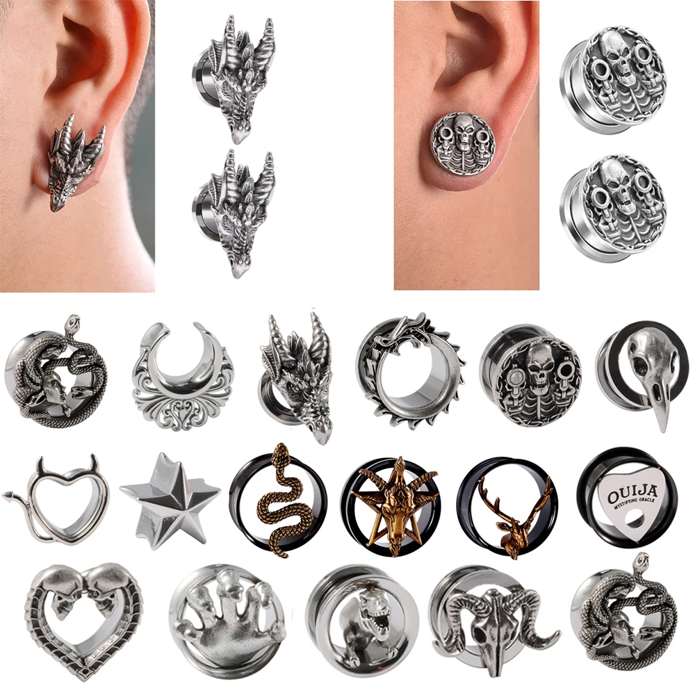 Pair Top Quality Dragon Ear Tunnels Plugs Expander Gauges Snake Stretcher Earrings Screw Stainless Steel Piercing Body Jewelry