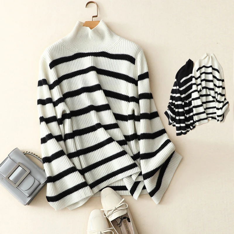 

masigoch korean fashion winter new turtleneck knitwear 7gg luxury 100% cashmere striped loose sweater