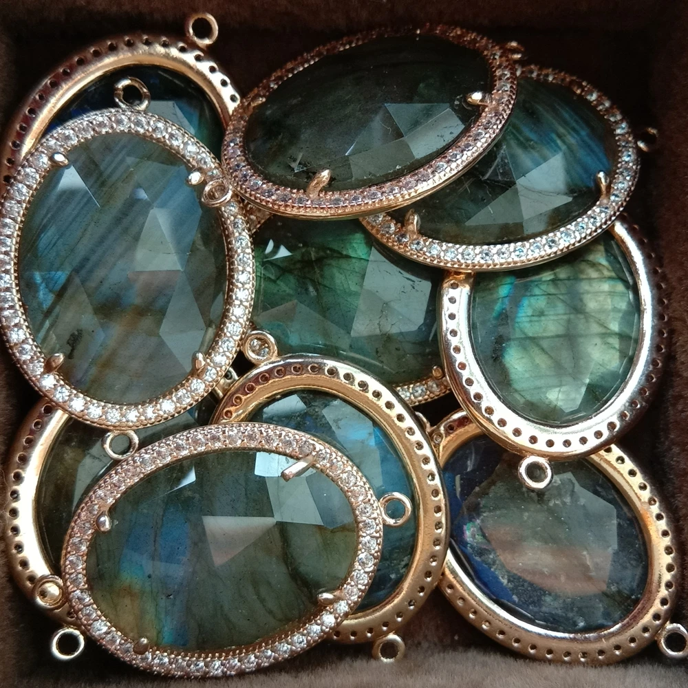 5 PCS 19x25 mm Faceted Oval Shape Natural grey labradorite CZ pave gold plated double bail Connectors  Pendant For DIY Jewelry