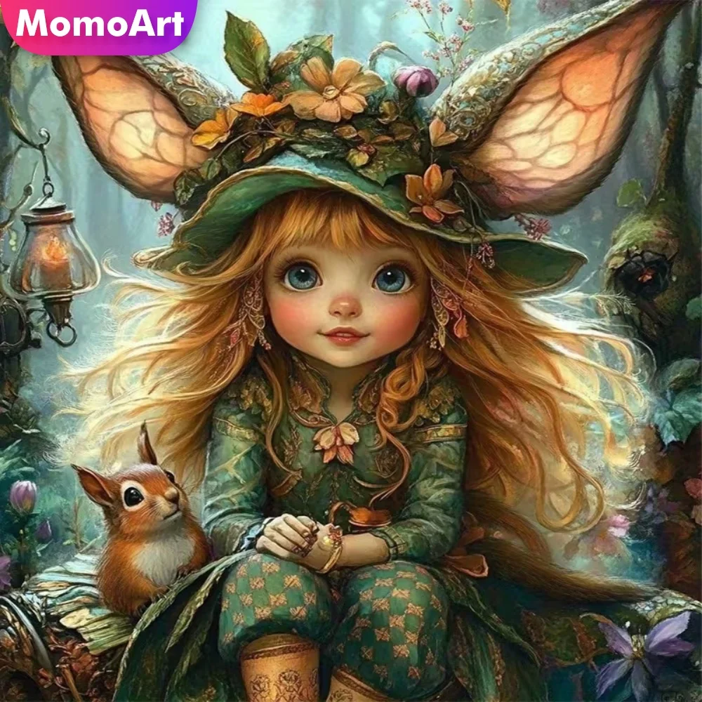 Momoart Vollquadratische und runde Diamant-Stickerei, Elfenmädchen-Porträt, DIY-Gemälde, Eichhörnchen-Handwerk, Diamant-Mosaik, Cartoon, einzigartiges Geschenk