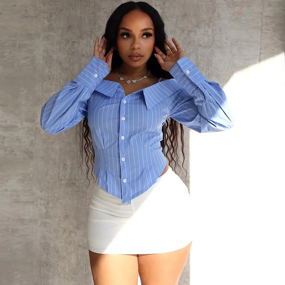 

Women Blouse Long Sleeve Striped Women's Blouses Slim Fit Off Shoulder Puffed Sleeve Shirt Front Button Up Shirt Woman Cropped