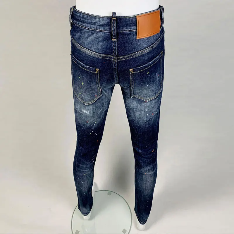 High Street Fashion Men Jeans Vintage Blue Stretch Slim Fit Retro Ripped Jeans Men Painted Designer Hip Hop Brand Pants Hombre