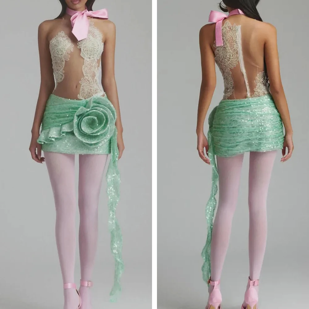 Fashion Spaghetti Straps Lace Sheer Mesh Mini Dress Floral Ruffles Sequin Cocktail Evening Party Short Gown Sexy Outfits Women