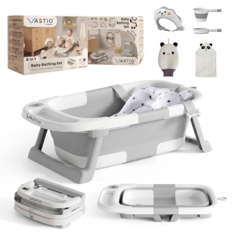 

6-in-1 Collapsible Baby Bathtub Set with Thermometer Foldable Infant Tub for Newborn to Toddler Portable Bath Set with Cushion
