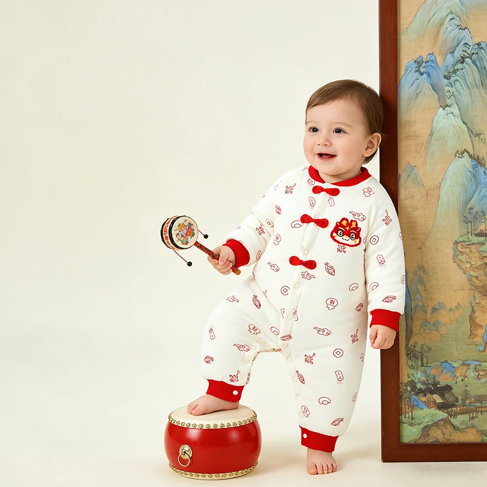 

Baby Autumn and Winter Chinese Style Festive Cotton Padded Jumpsuit with Beige and Red Auspicious Embroidery Pattern for Warmth