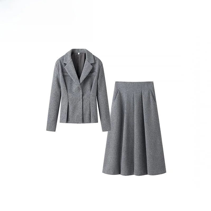 

ZBZA Spring New Women's Faion Design Woolen Suit Set Slim Fit Commute Sle Long Sve Pure Color Button Closure Coat