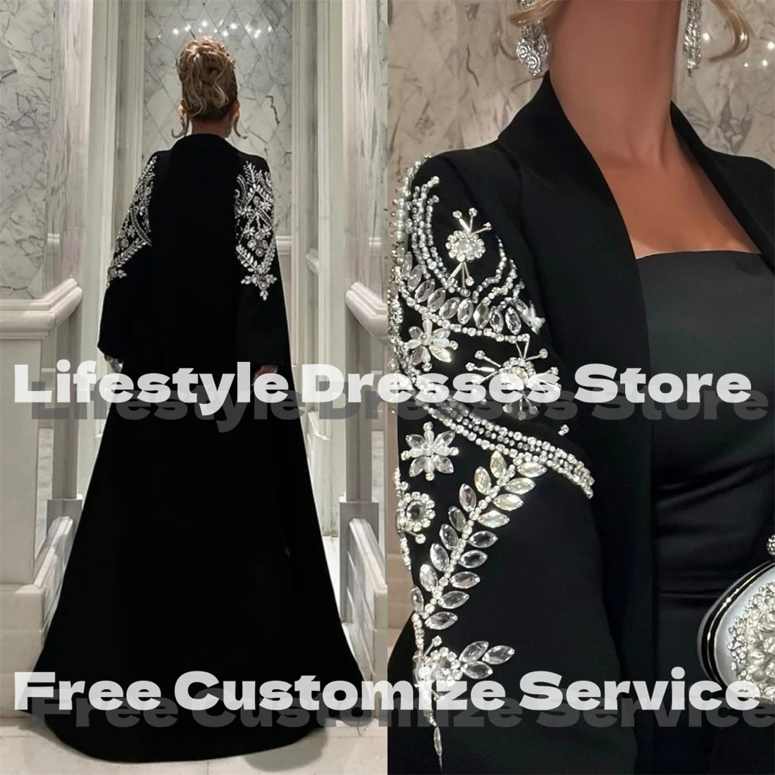 Customized Beadings Jacket Saudi Luxury Evening Dresses Black Elegant Prom Dress For Special Occasion Gown vestidos de fiesta