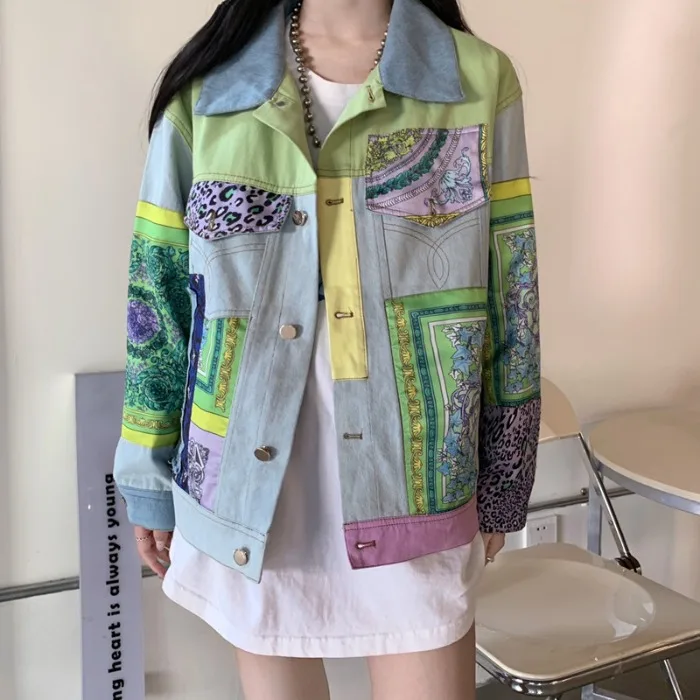 Print gesplitste denim jassen damesjas enkele rij knopen jas met lange mouwen kraagvorm bovenkleding zakken high street