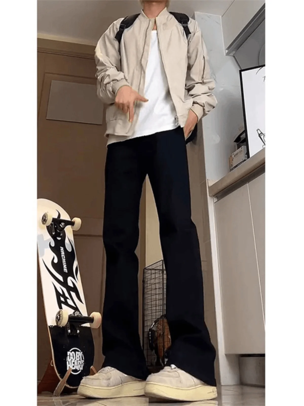 

Bla High Waist Elastic Straight Leg Men's Jeans High Street Sle Slimming Micro Flared Pants Autumn Wear Cotton Polyester ...