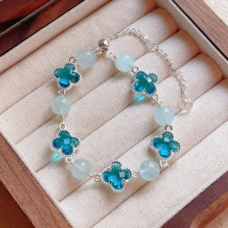 Natural Green Rutilated Quartz & Black Obsidian Four-Leaf Clover Bracelet for Women – Boho Fantasy Fairy Tale Style Unique