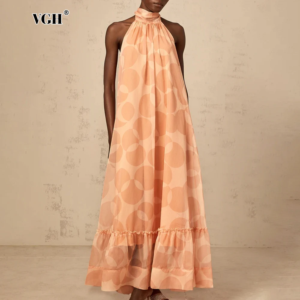 

VGH Casual Loose Printing Beach Style Long Dresses For Women Stand Collar Sleeveless Backless High Waist Chic Dress Female New
