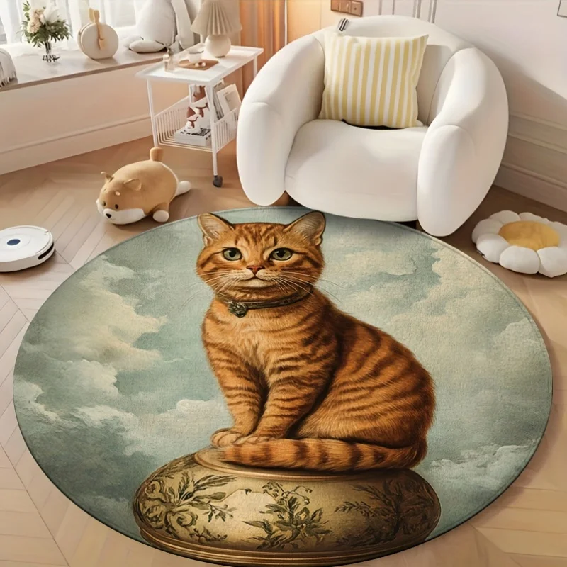 Retro Classic Tabby Cat Circular Area Rug Old Floral Vase Sky Cloud Art Print Anti Slip Round Decor Rug for Bedroom Reading Nook