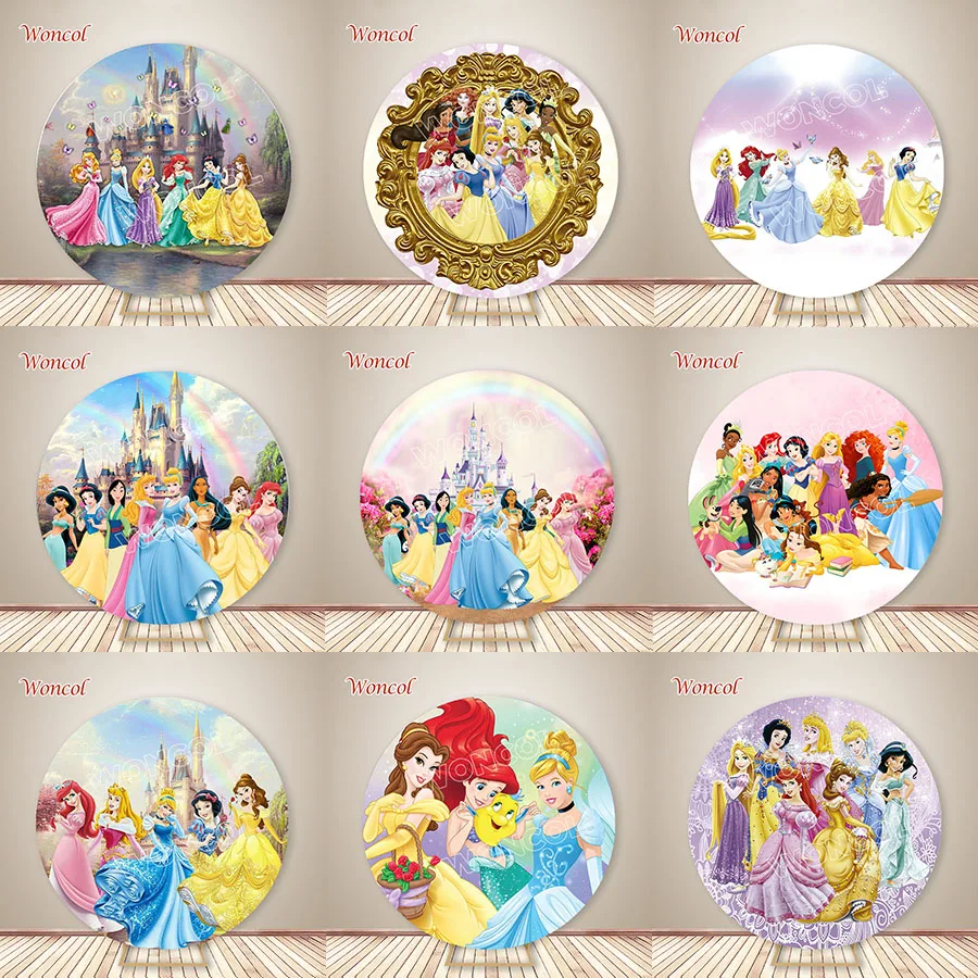 Fondo redondo personalizado de princesa Rapunzel Aurora Blancanieves Bella Cenicienta telón de fondo cubierta circular de cumpleaños de princesa
