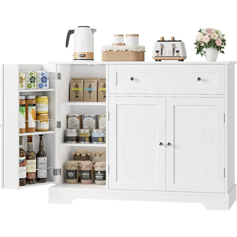 Kitchen Storage Cabinet with Doors and Adjustable Shelves for Dining and Living Spaces, White