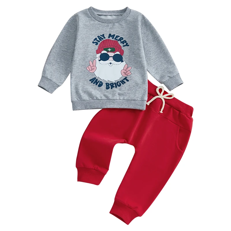 

Baby Boy Christmas Outfit Santa Claus Letter Print Long Sleeve Sweatshirt Solid Elastic Waist Pants 2 Piece Set