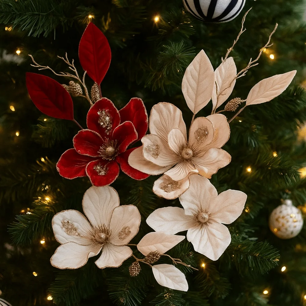 

Glitter Artificial Christmas Flower Flocking DIY Christmas Poinsettia Red Gold Realistic Xmas Decorative Flowers Wedding Party