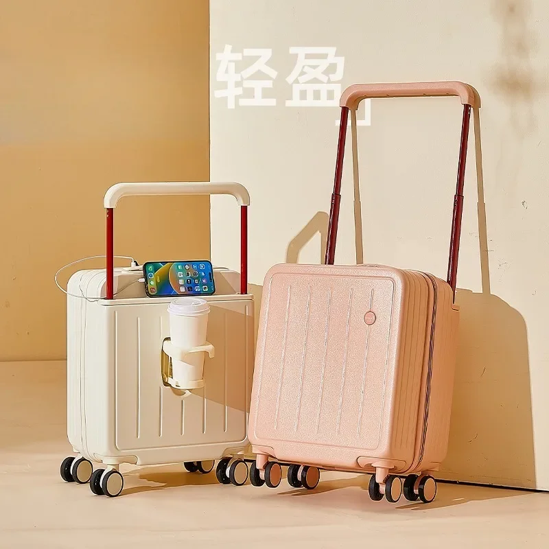 กระเป๋าเดินทางแบบกว้างพร้อมที่วางแก้ว USB 18 นิ้วใหม่กระเป๋าเดินทางแบบไม่จํากัดเพศการเดินทางในห้องโดยสารกระเป๋าเดินทางรถเข็นกรณี