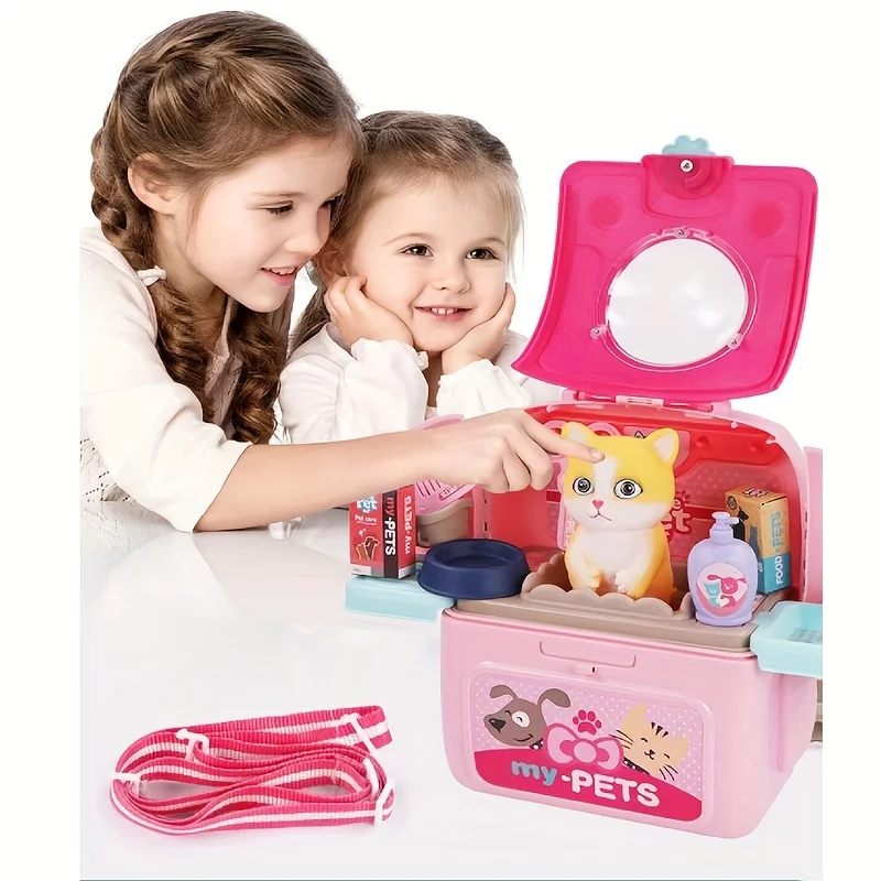 Conjunto de jogo para cuidados com animais de estimação, kit médico para crianças, médico, fingir jogar, brinquedos para tosa de cães, filhote de cachorro, mochila para alimentação de cães