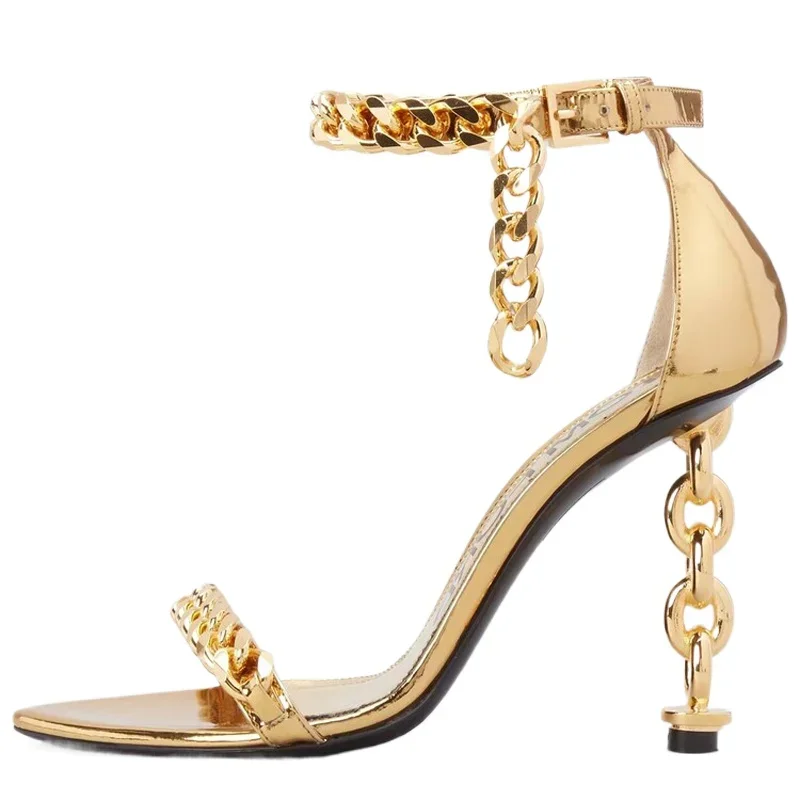 New Custom Gold Metal Heels Sandals Women Dress Stiletto Party Ankle Buckle Office Lady Shoes Open Square Toe High Alien Heel view 2