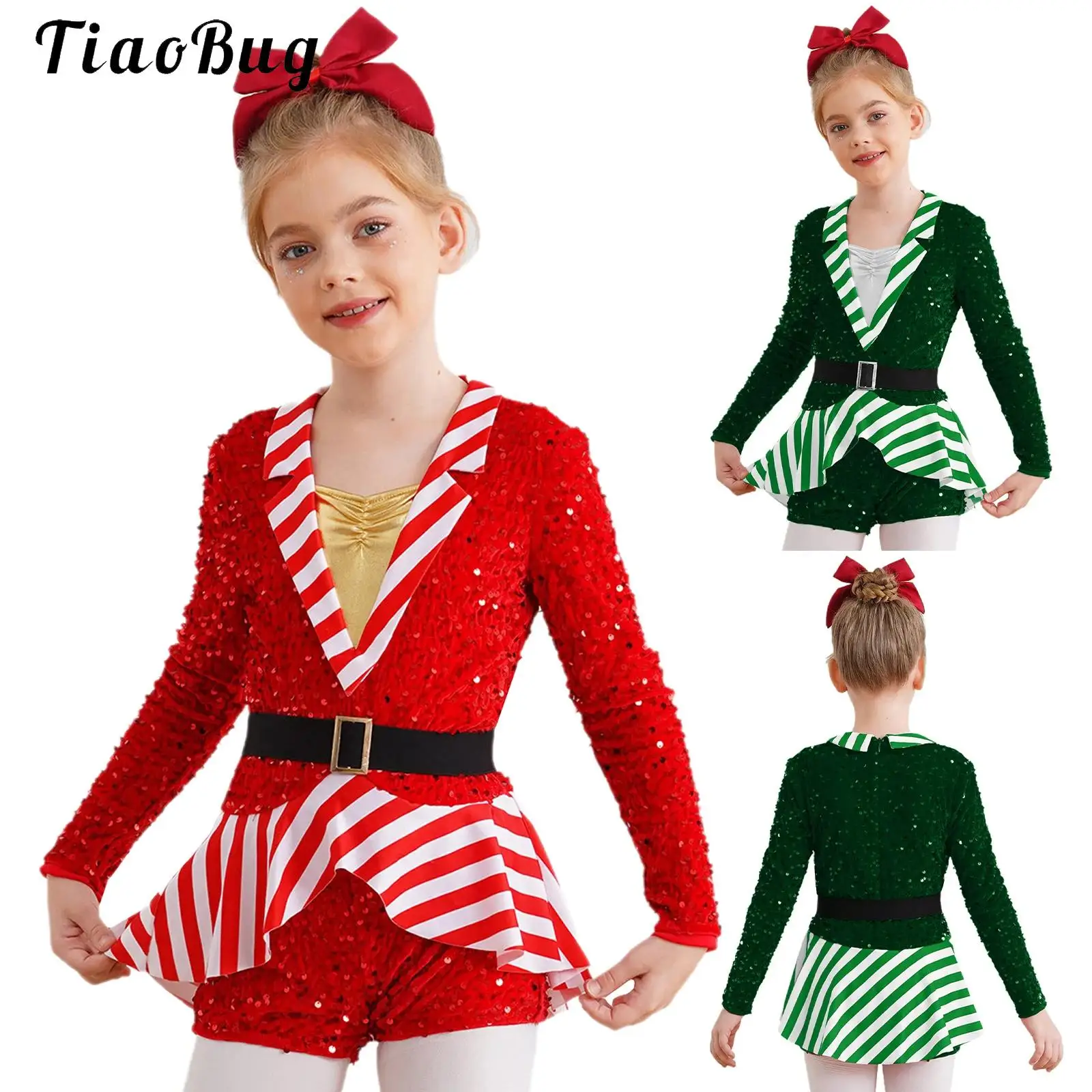 

Kids Girls Candy Cane Christmas Ballet Dance Shorty Unitard Dress Shiny Sequin Gymnastics Leotard Latin Jazz Bodysuit Dancewear