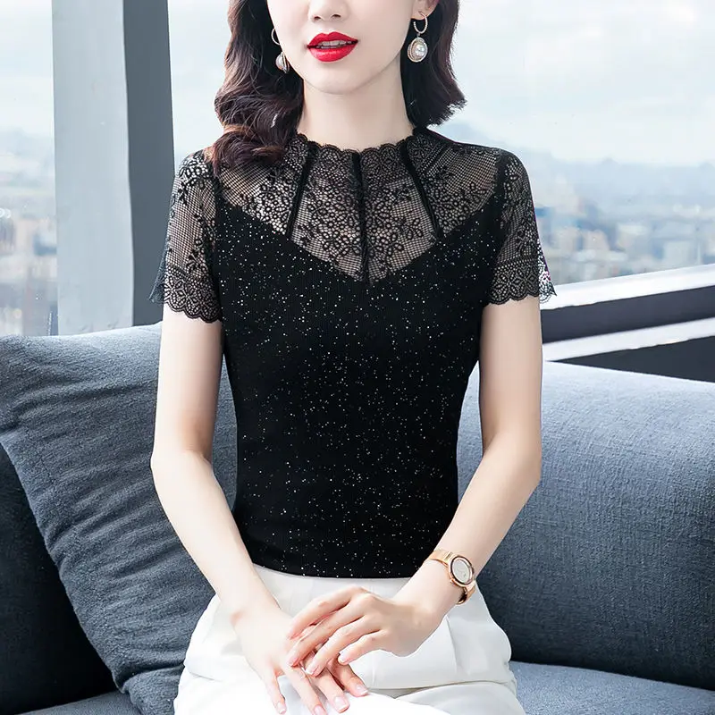 New Spring and Summer Women\'s Solid Colors Stand Collar Short Sleeve Spliced Lace Hollow Out Pullovers Fashion Trendy Tops