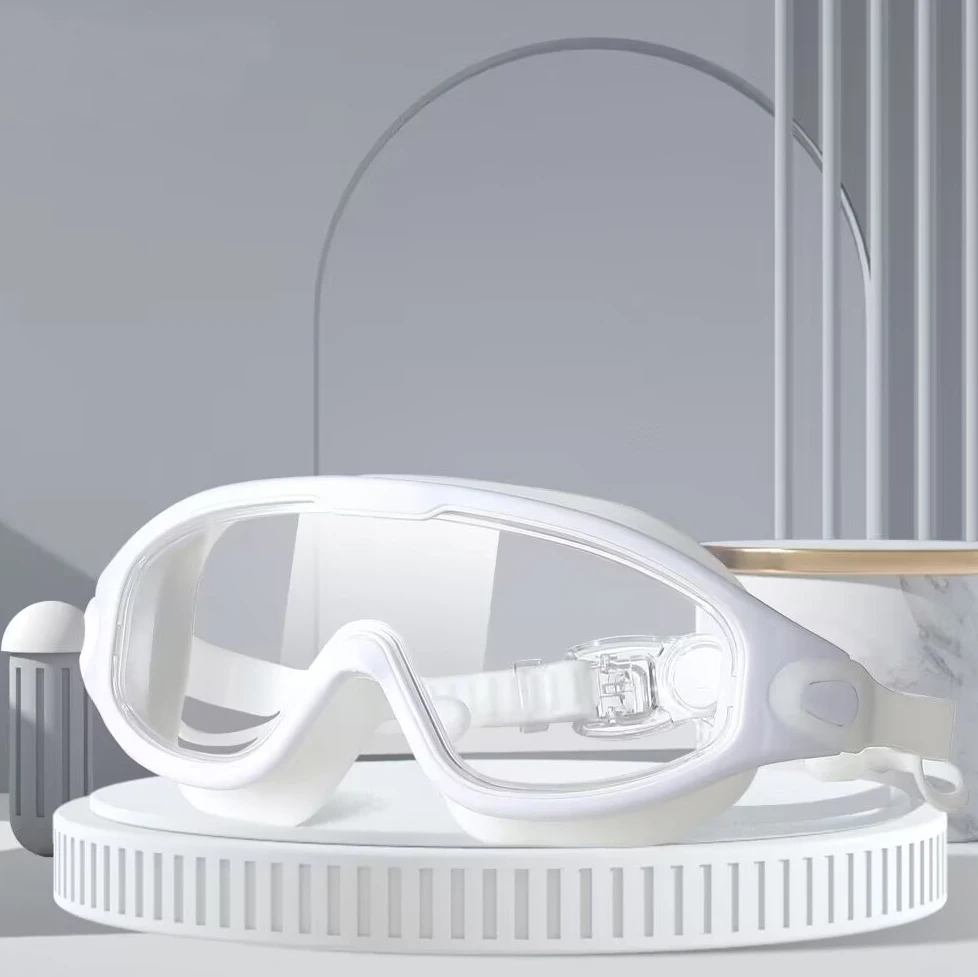 Schwimmbrille für Erwachsene mit großem Rahmen und Ohrstöpseln, männlich und weiblich, professionell, hochauflösend, beschlagfrei, Silikon – Detail 6
