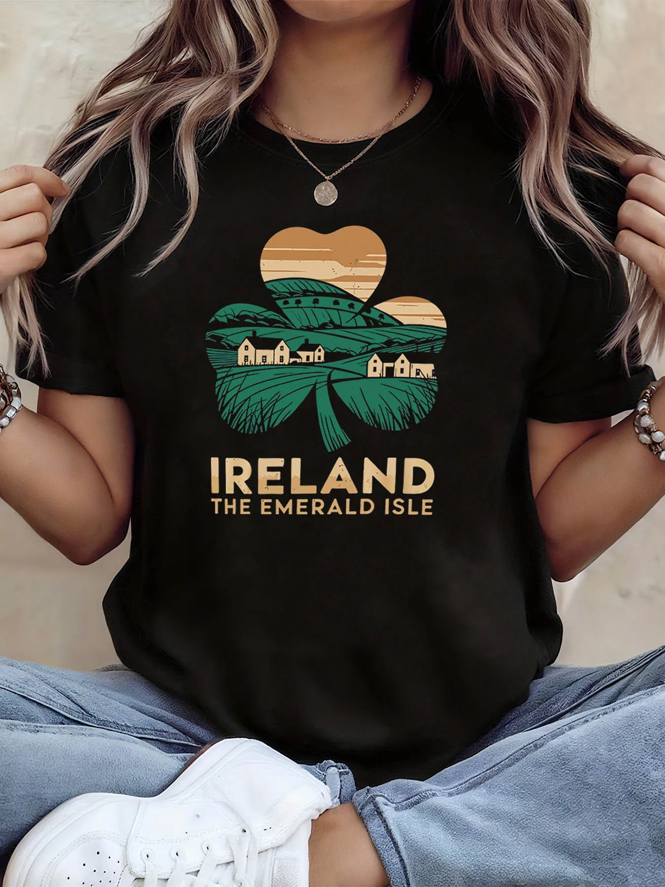 Women Ireland Theme Clover TShirt Pastoral Graphic Regional Slogan Casual Short Sleeve Green Golden St Patricks Day Cultural Top