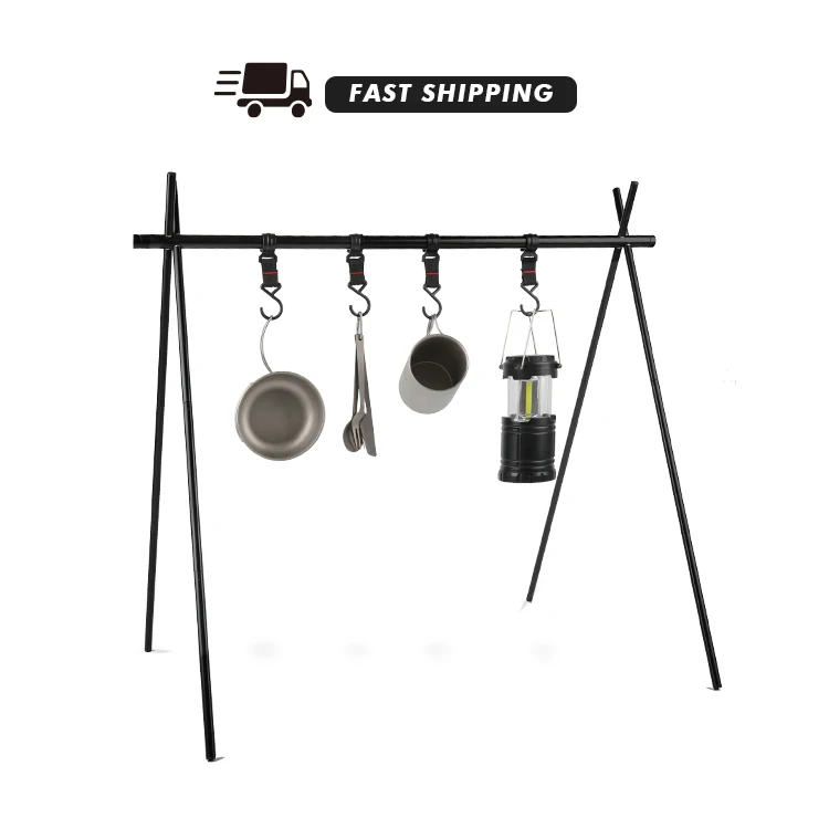 Outdoor Camping Hanging Rack Folding Tripod Foldable With Hook Cookware Pan Pot Lamp Storage Hanging Stand