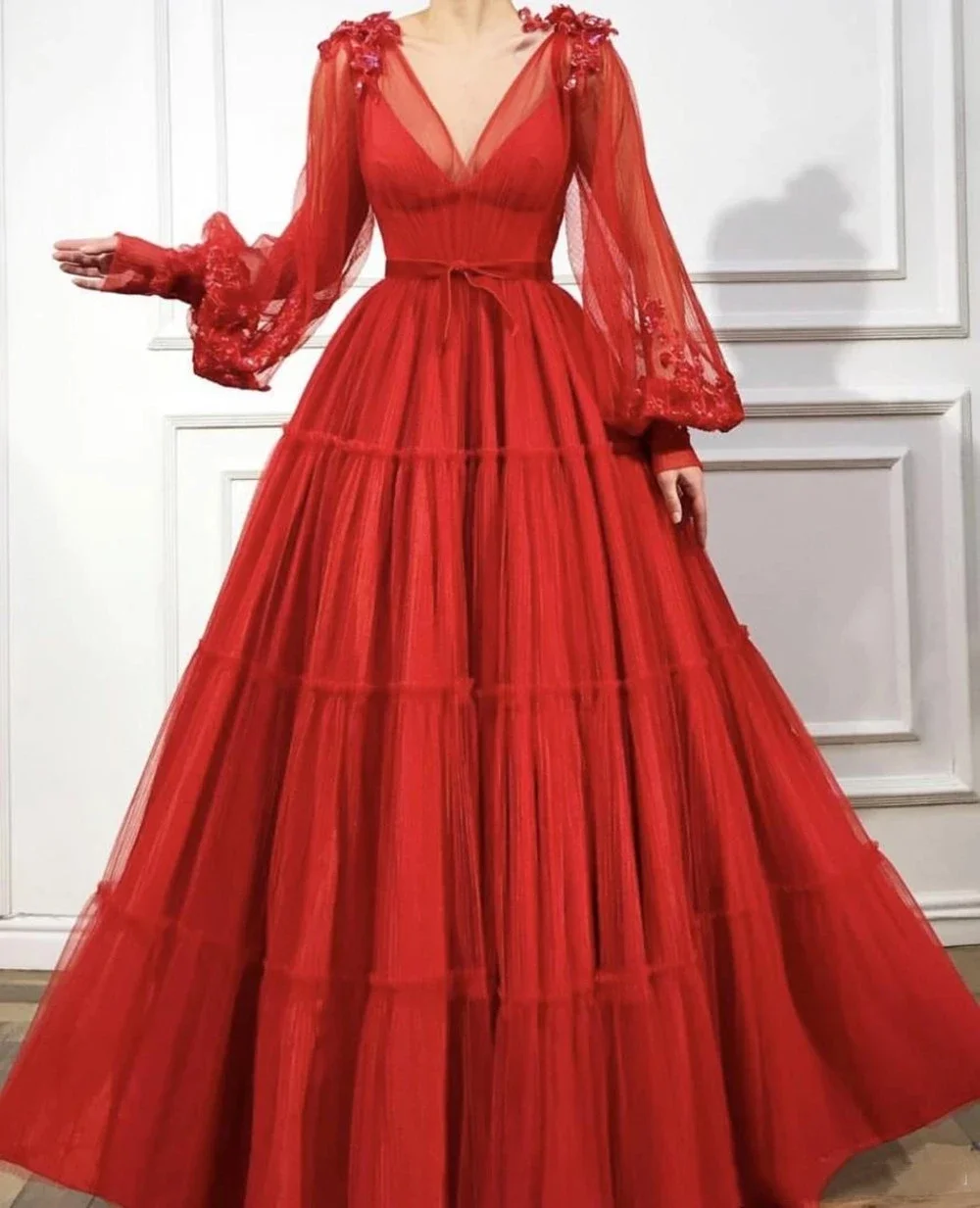 

Romantic V-Neck Evening Dresses A-Line Long Sleeves Tulle Islamic Dubai Saudi Arabic Party Gown Prom robe de mariée HOT