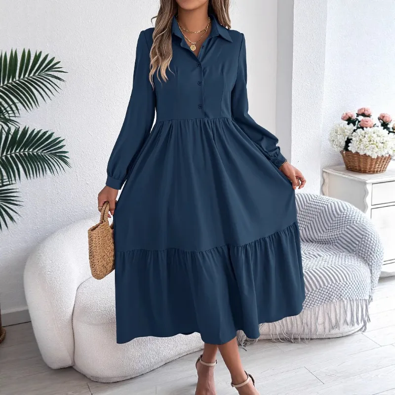 

Women's Autumn Spring Dresses Shirt Dresses Lapel Collars Loose Fit Long Sleeves Ruffles New Fashionable Niche Elegant Versatile