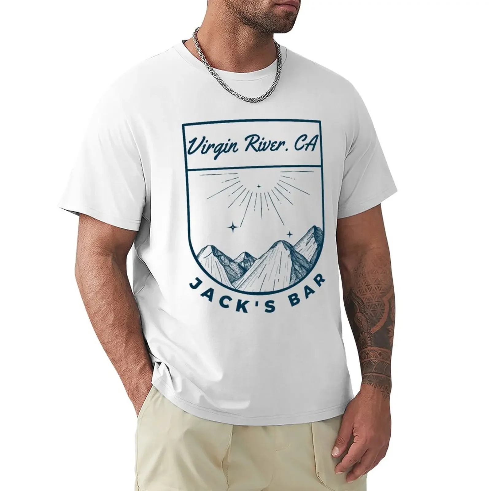 Jack's Bar Virgin River realistic design with mountain's and sun vintae T-Shirt sports fans vintage plain white t shirts men