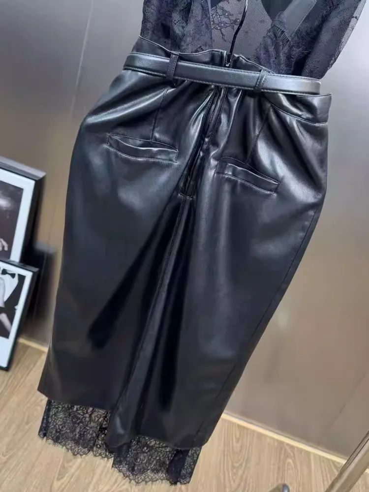 DFDG Damen Frühlingskleid aus schwarzer Spitze, Cami-Leder, Gürtel, hohe Taille, geteilter Saum, elegante Party, Clubwear, 2025, trendiges, feminines Kleid