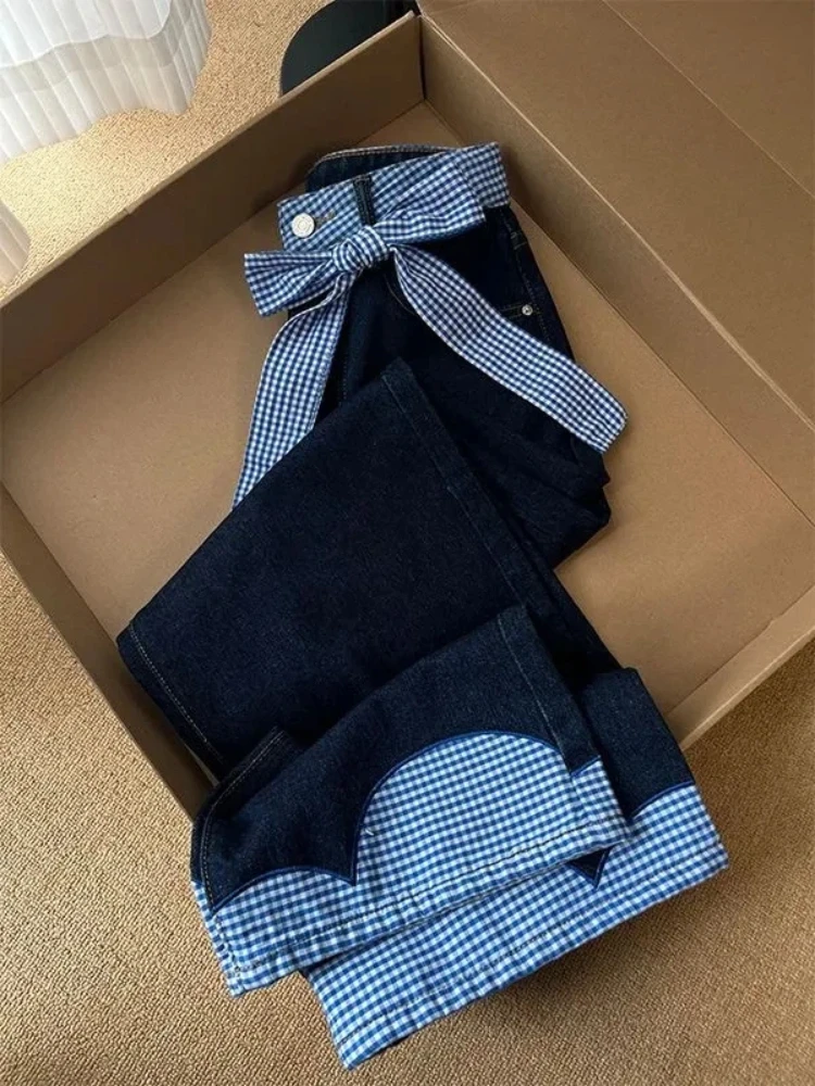 Women's Casual Knot Splice Denim Pants Straight Leg Wide Leg Commuter Jeans Ladies Fashionable Casual Trousers