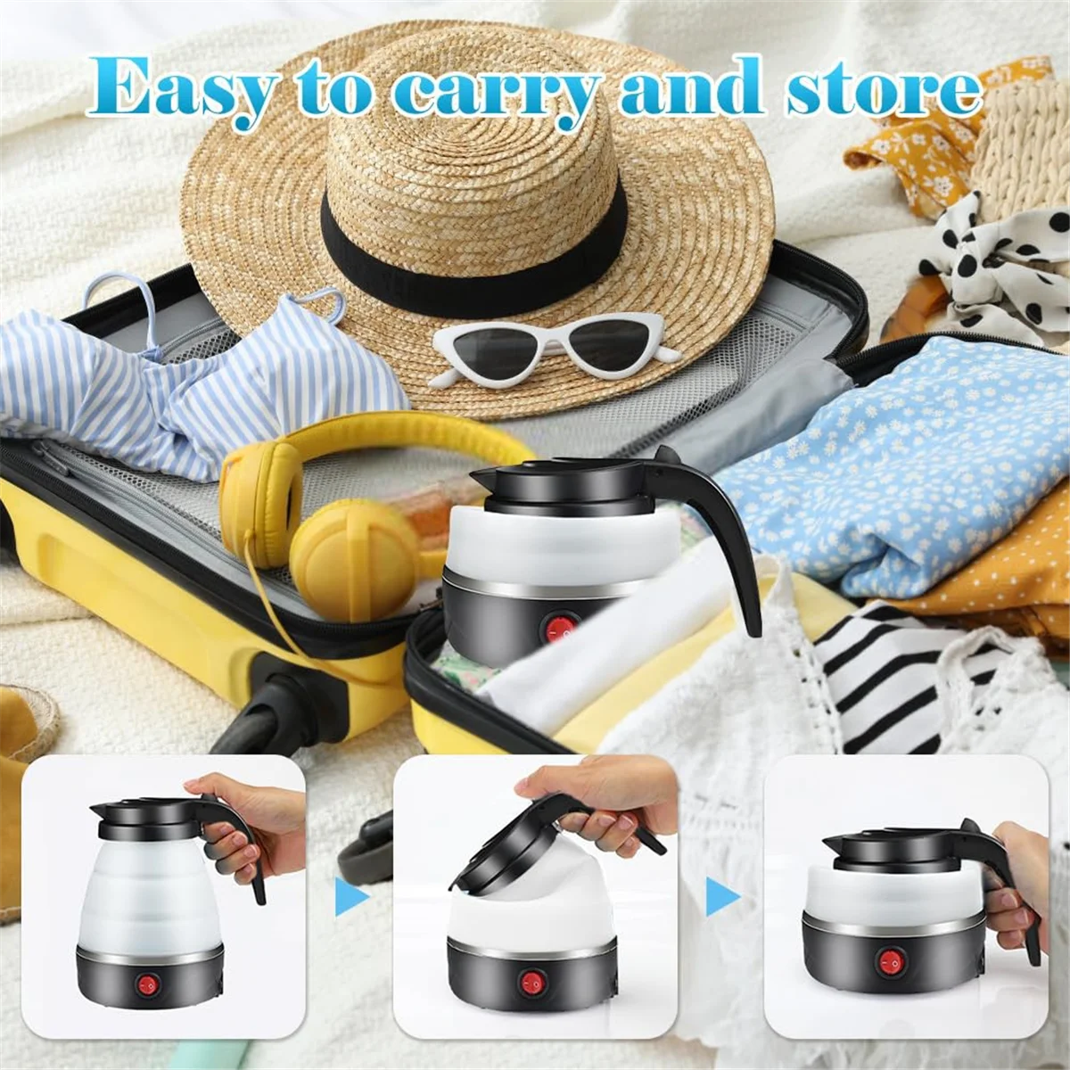 سيليكون قابل للطي مع أكواب قابلة للطي ، غلاية تخييم صغيرة للسفر ، غلاية الاتحاد الأوروبي ، غلاية