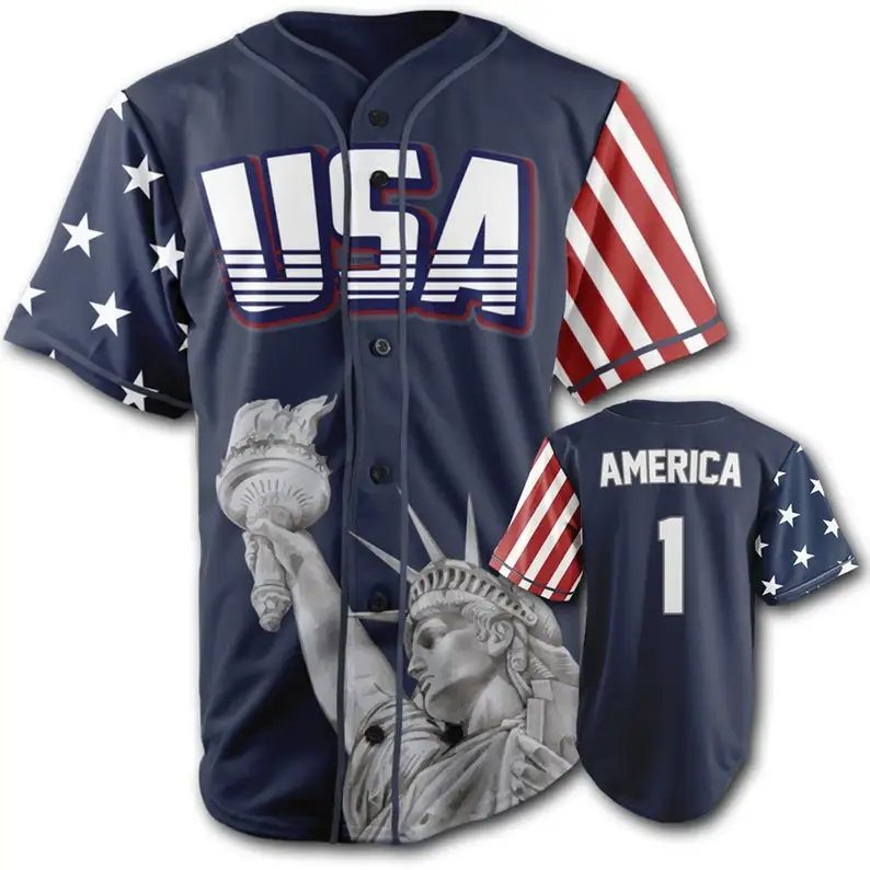 Blue America #1 Baseball Jersey Statue of Liberty Printed Cool American Style Sports Shirt USA Pattern Fashion Casual Sportswear