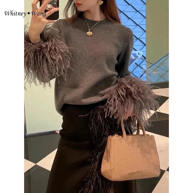 WHITNEY WANG  Designer Style 2023 Autumn Winter Fashion Streetwear Real Ostrich Feathers Cuff  Sweater Women Stylish Pullover