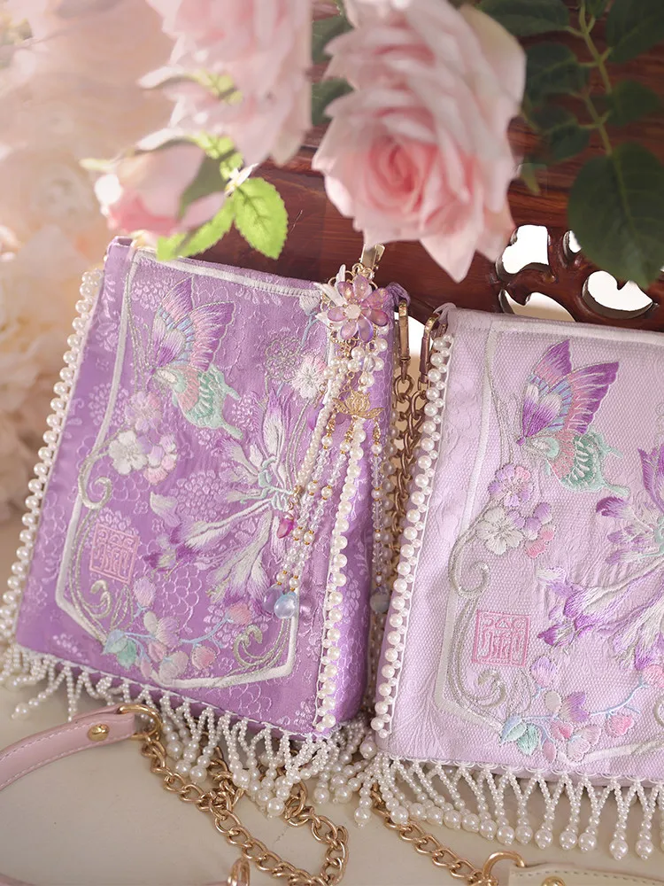 

New Chinese Hanfu Lolita Single Shoulder Cross-body Bag Women's Chain Tassel Bag Embroidery Versatile Mobile Phone Bags Female