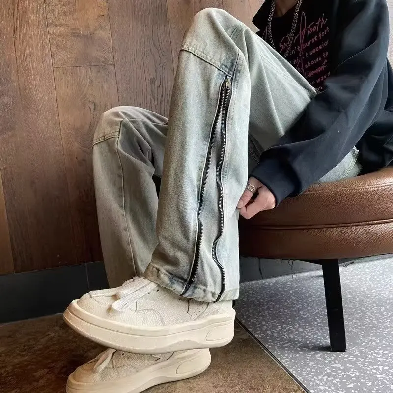 

Мужские джинсы в американском ретро-стиле на молнии, новинка 2025 года, весна-осень, повседневные, прямые, с легким расклешением, в уличном стиле, трендовый бренд