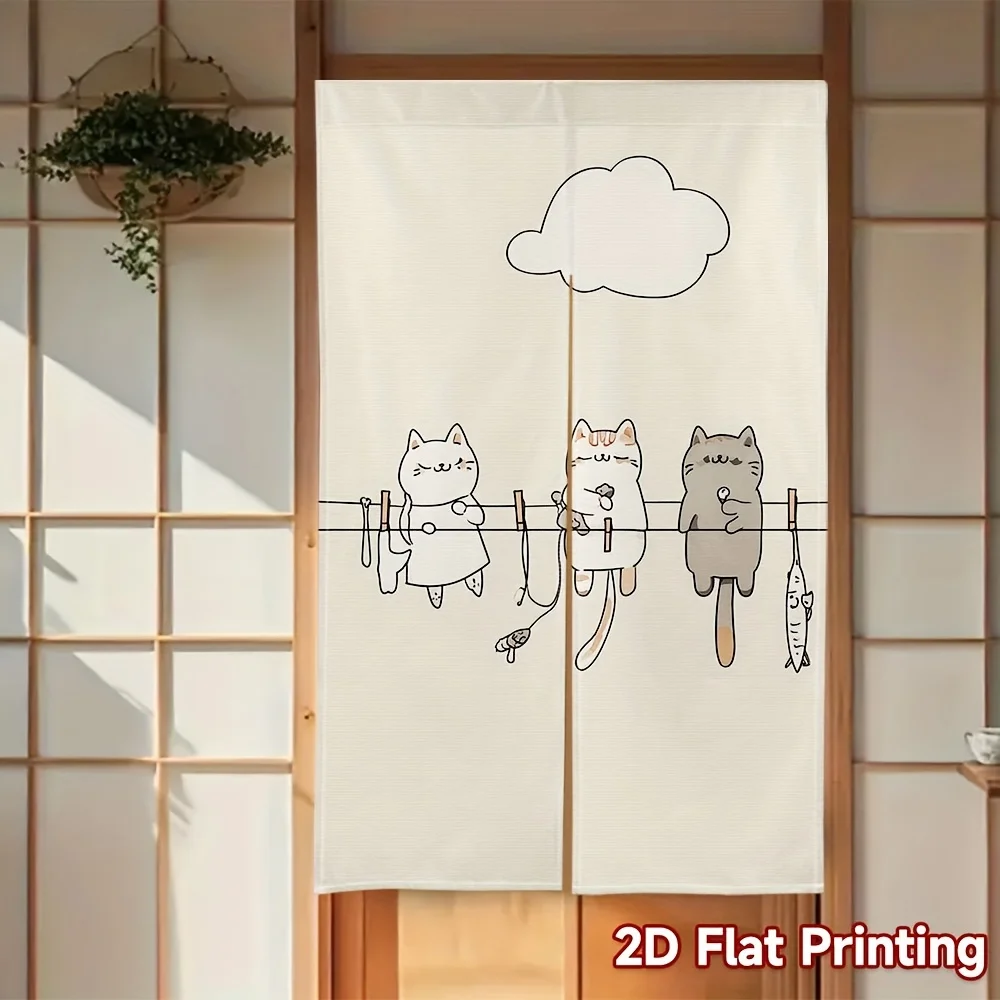 Whimsical Cat Noren Curtain – Three Cats on a Line, Cloud Design, White Background, Rod-Free Hanging, for Home or Gift Decor