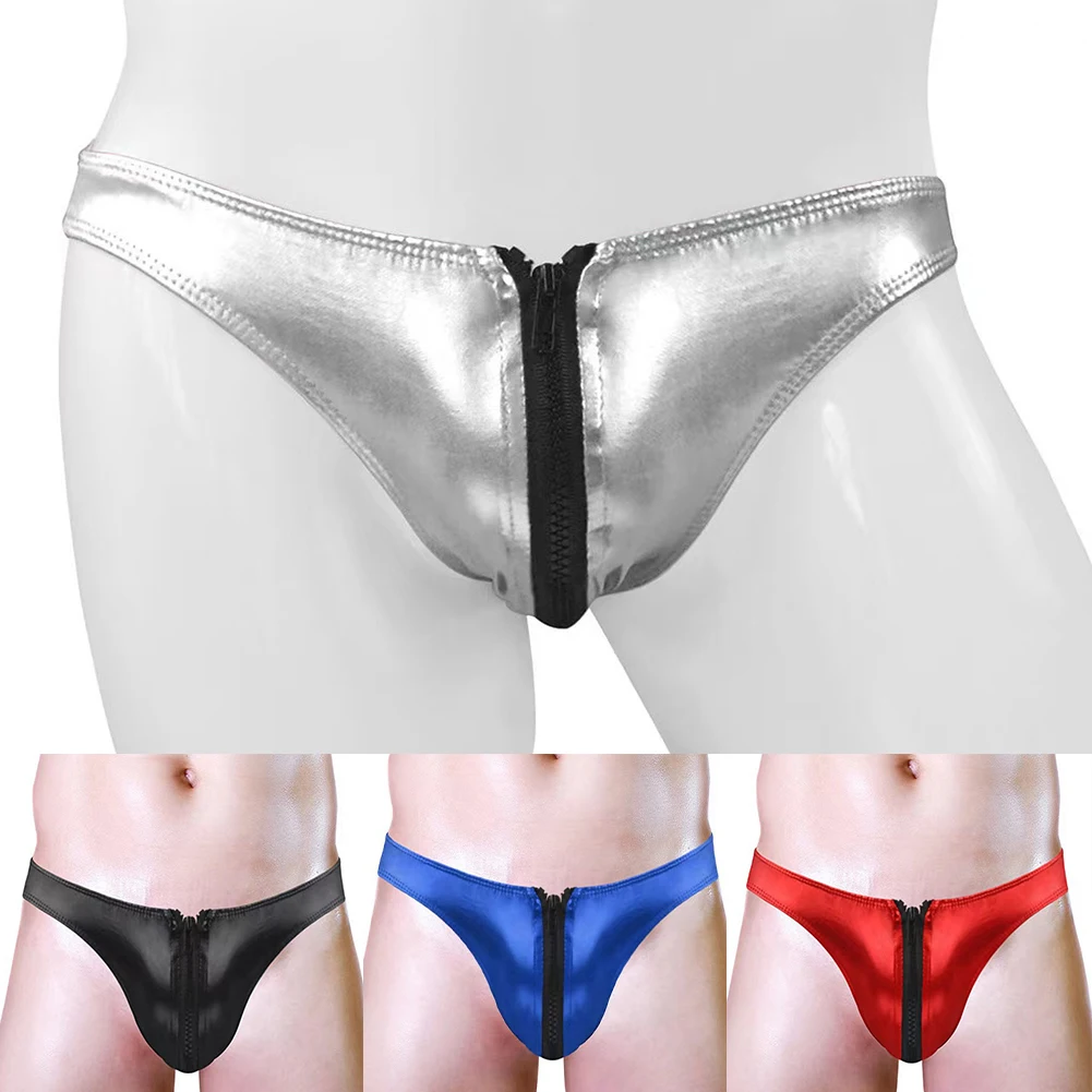 

Men Sexy Solid Color Low Waist Zipper Sexy Lingerie Briefs Men's Panties Imitation Leather Brazilian Underwear Underpants Men