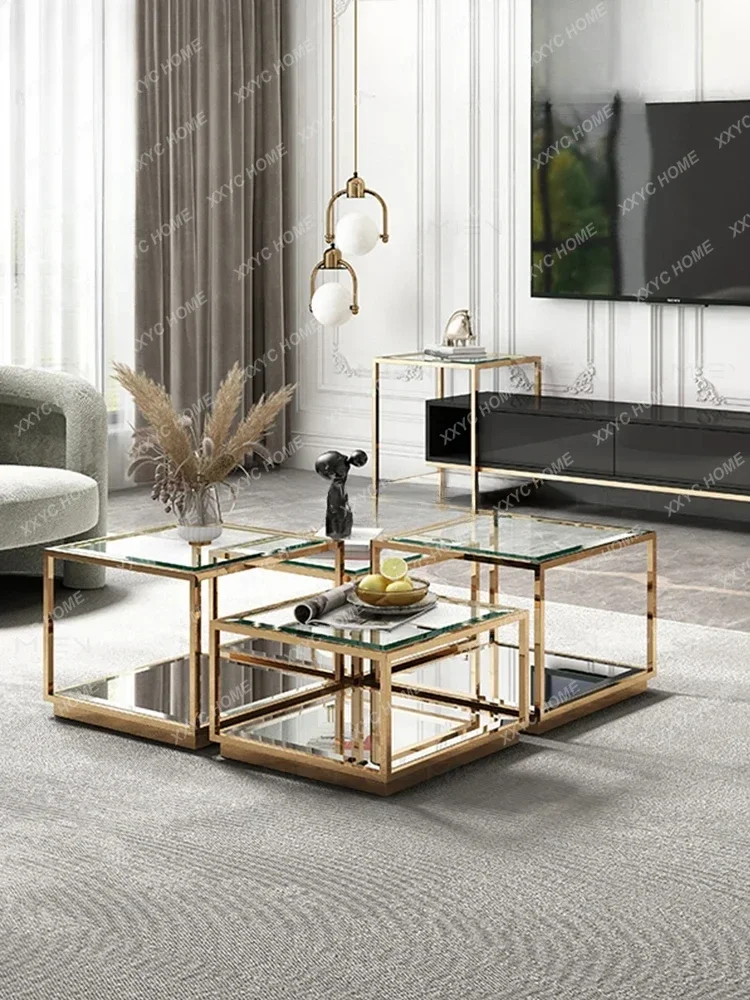 A  Minimal tempered glass coffee table Stainless steel square high and low combination coffee table