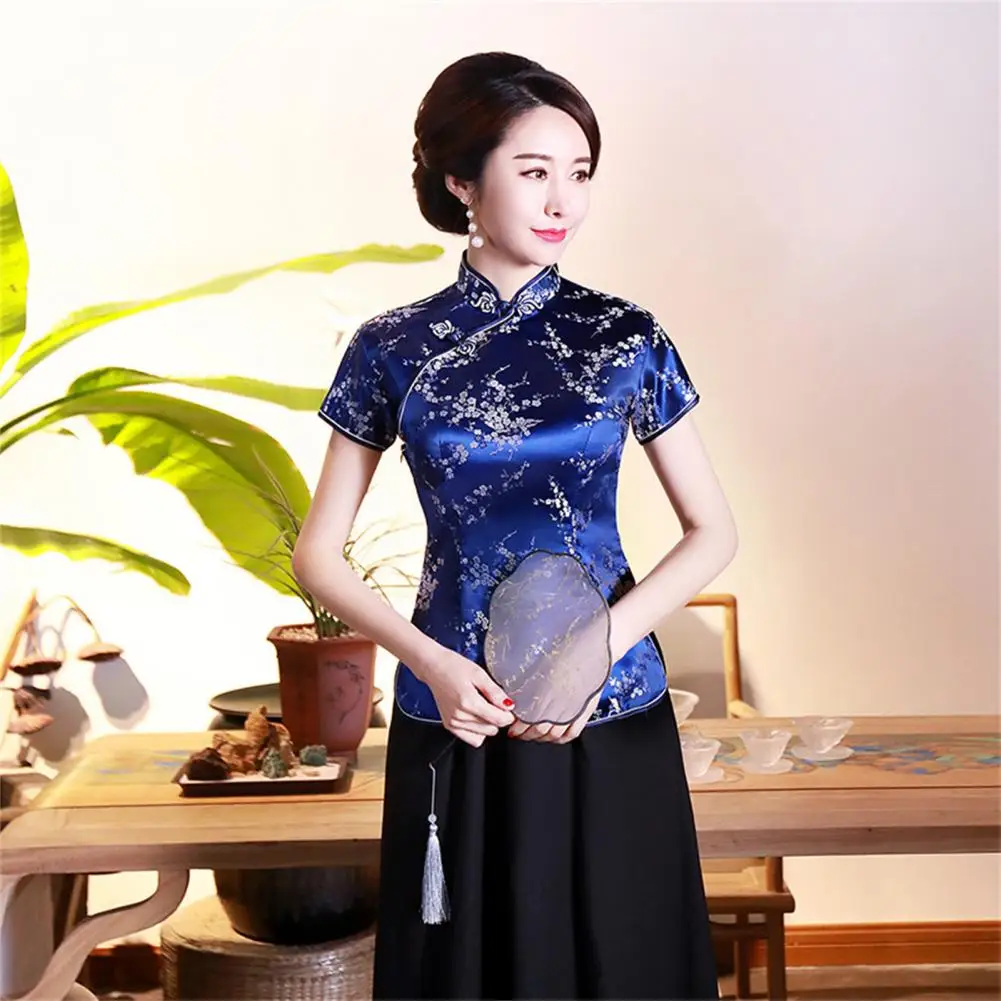 Women Cheongsam Shirt Chinese Style Plum Print Summer Autumn Cheongsam Top Exquisite Buckles Stand Collar Lady Shirt