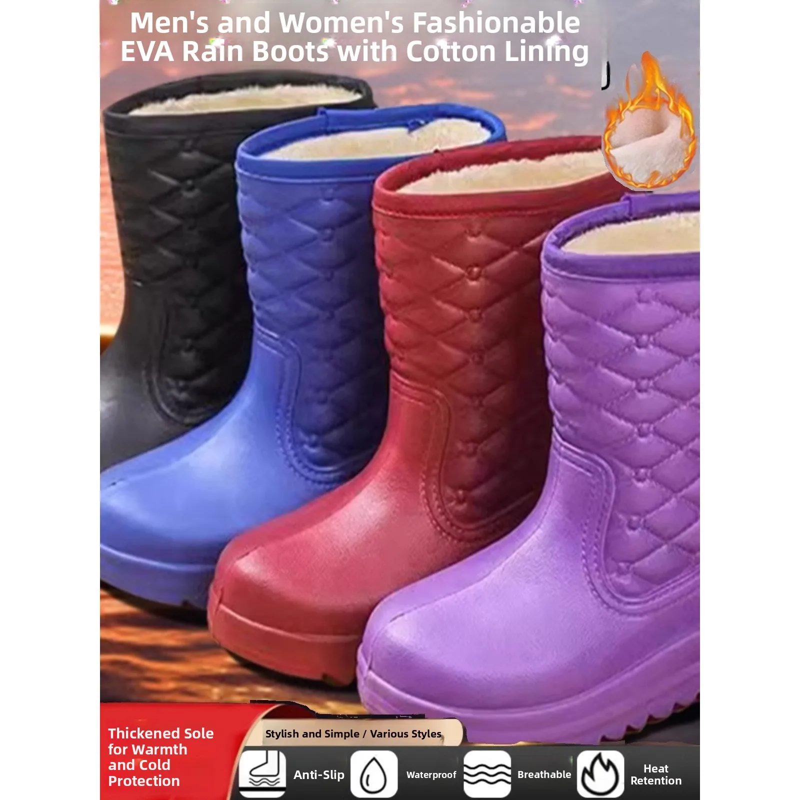 

Thickened Fleece Winter Rain Boots Unisex Mid-Calf Kitchen Booties Slip-Resistant Warm for Car Wash Snowy Days Household Use