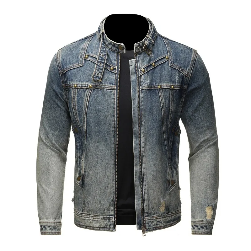 

Модные джинсовые пальто с воротником-стойкой и молнией, 3D карманный дизайн, пальто больших размеров, мужская одежда, винтажные синие куртки градиентного цвета