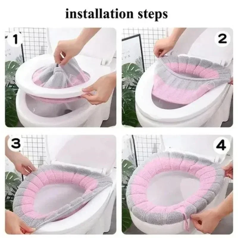 Universal Winter Warm Toilet Seat Cover Bathroom Toilet Pad Cushion with Handle Washable Knitting Mat Household Accessories